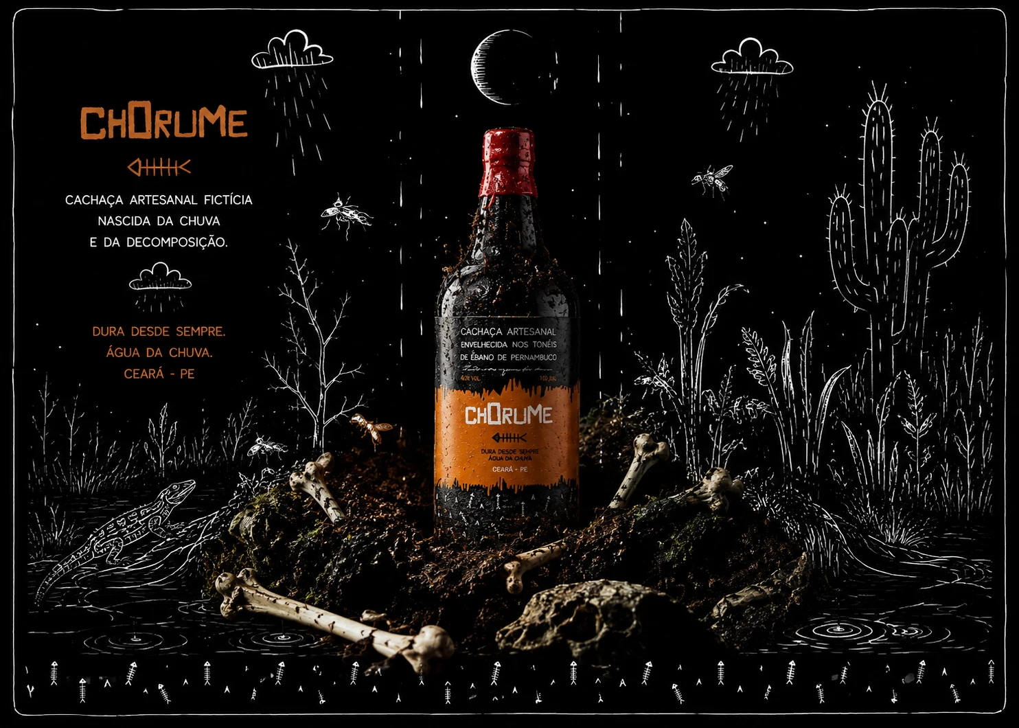 Composição editorial Chorume: garrafa de cachaça artesanal fictícia em cenografia ilustrada de pântano sertanejo, com cactos, ossos, lua e fauna