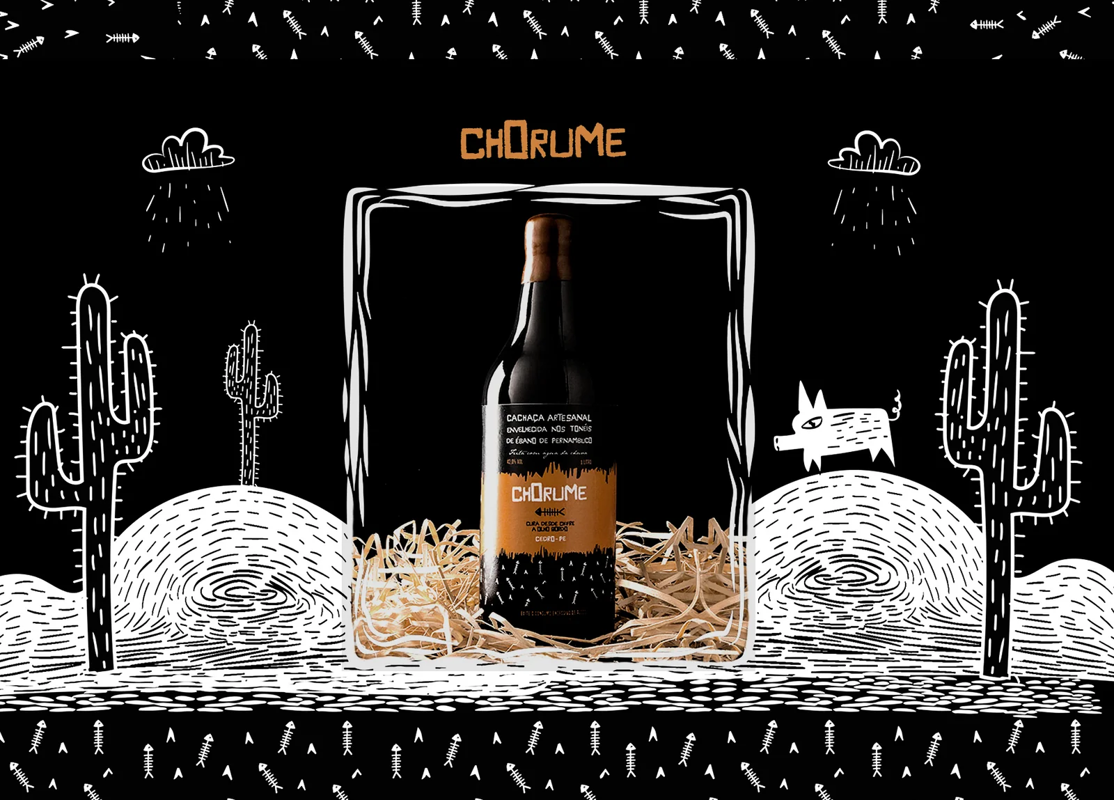 Garrafa Chorume com cenografia de cactos e ilustrações
