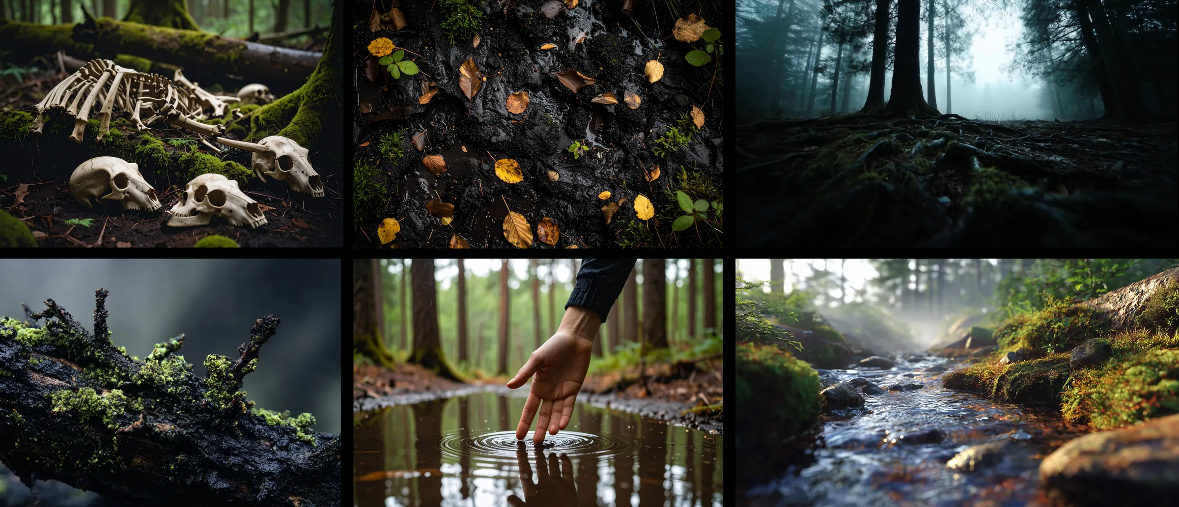 Moodboard: decomposição, terra úmida, permanência orgânica