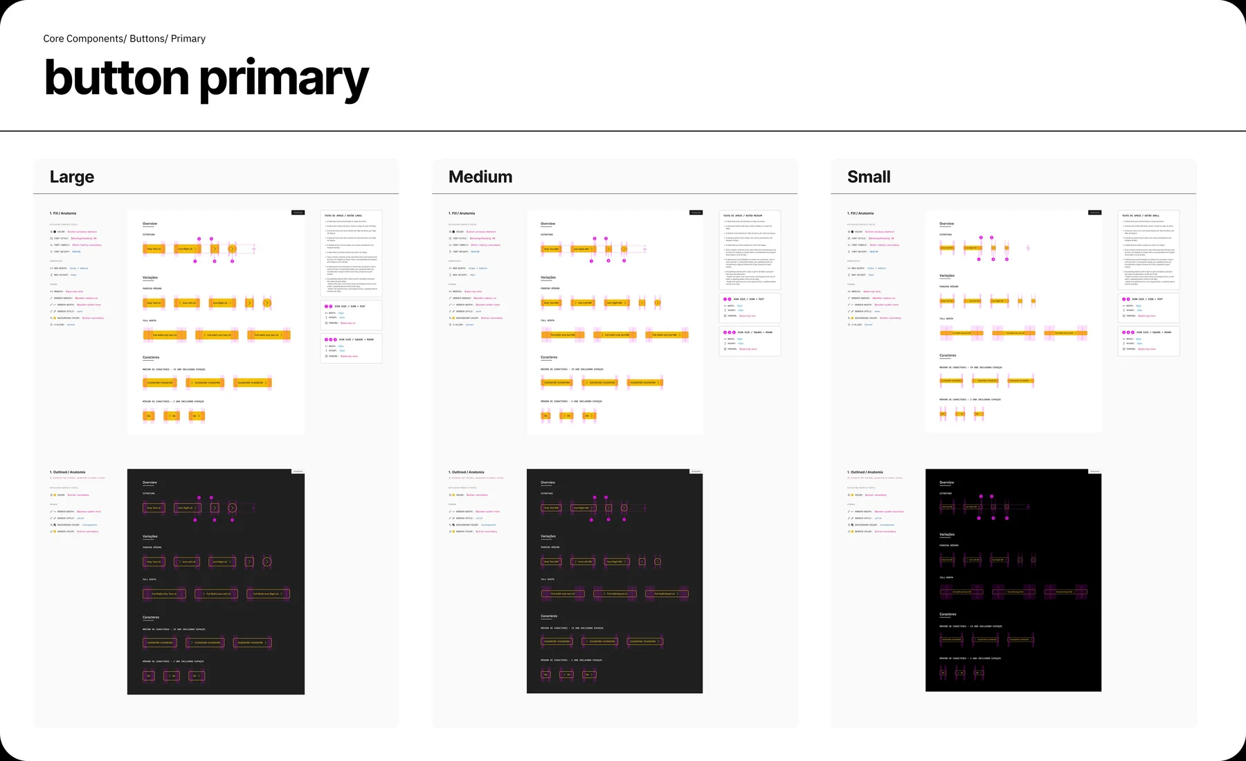 Anatomia do button primary: variações fill e outlined em large, medium e small