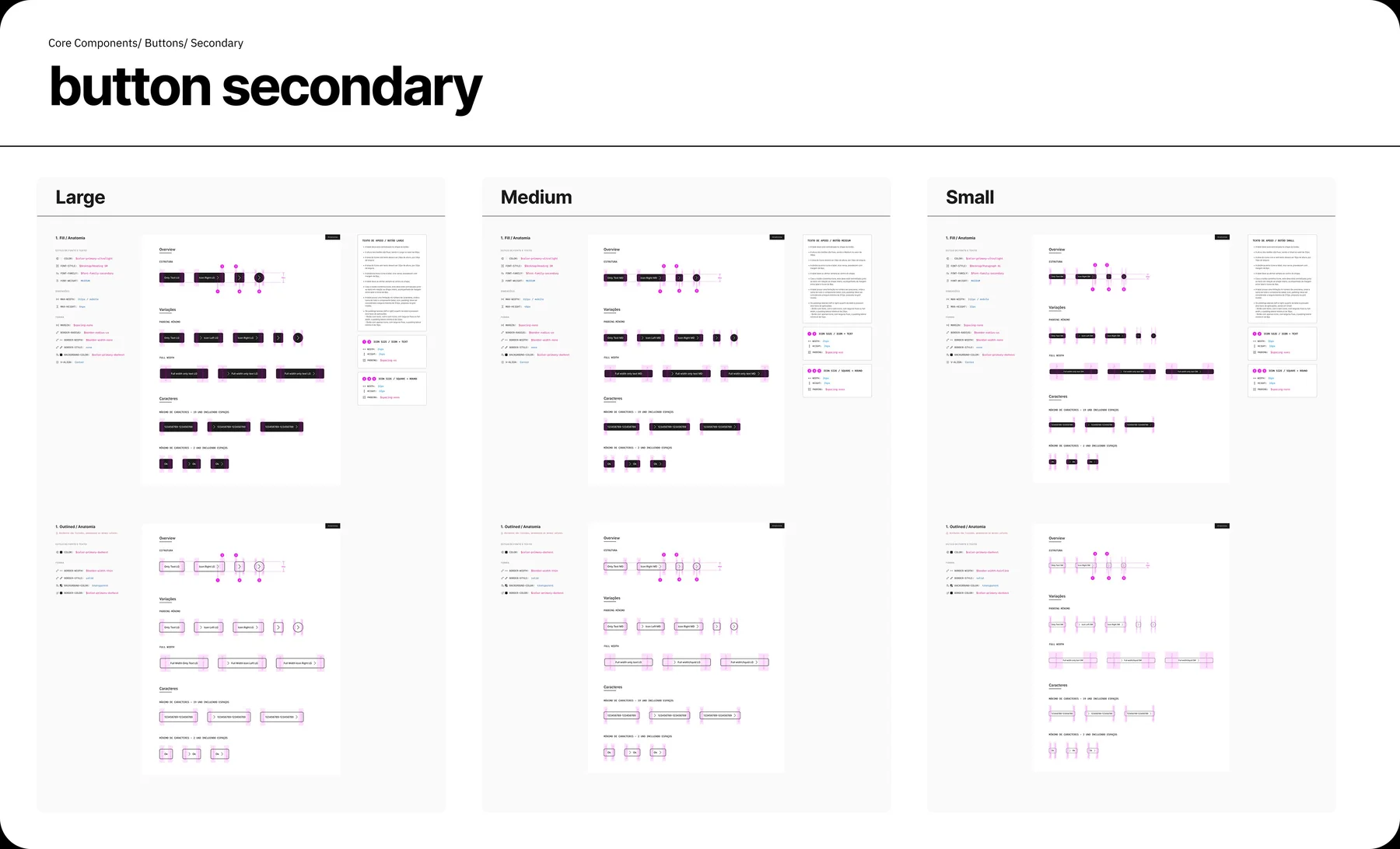 Button secondary: anatomia em três tamanhos