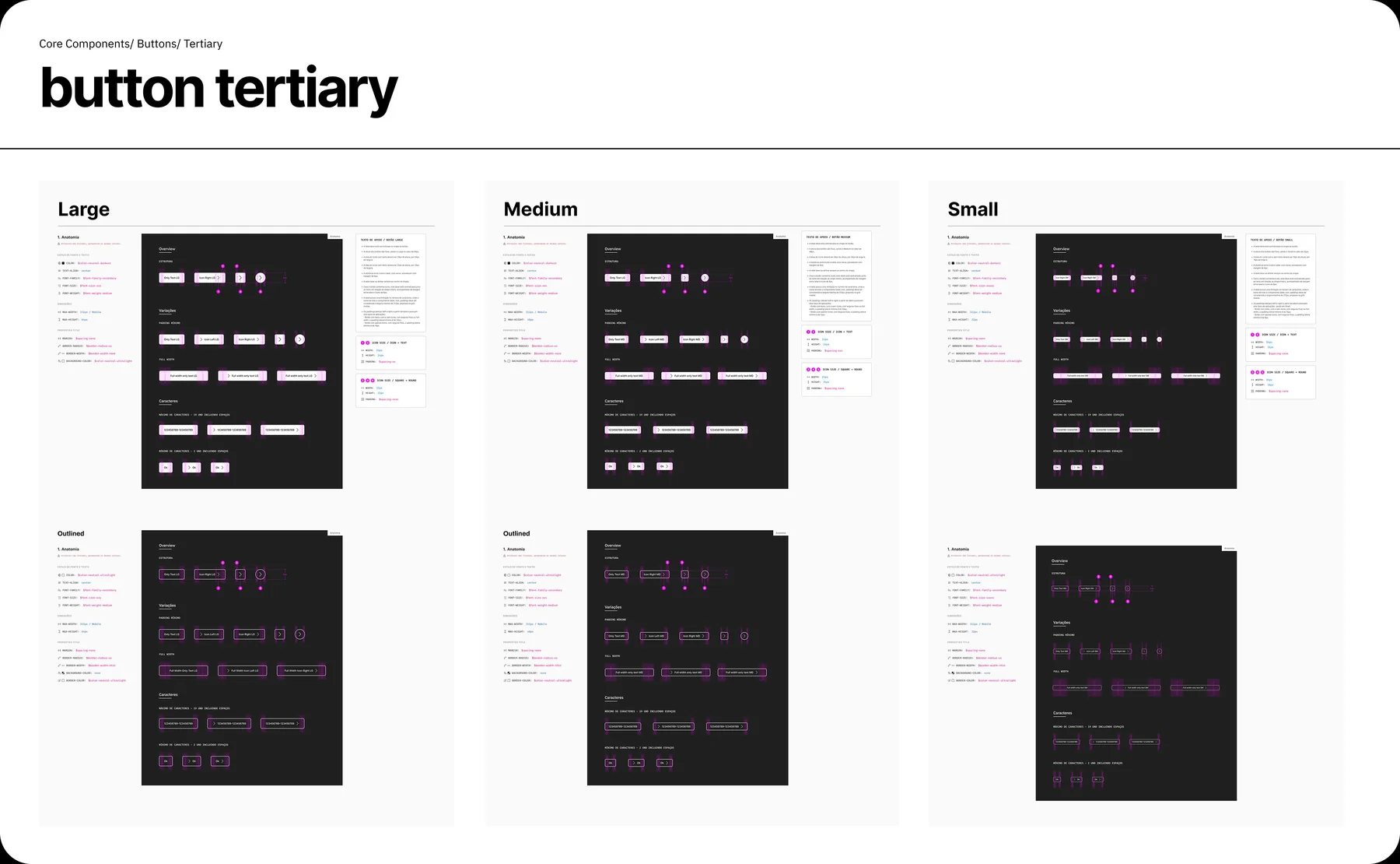Button tertiary: anatomia em dark e light mode