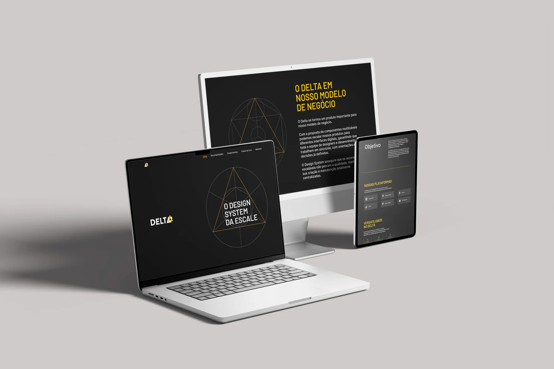 Delta Design System em produção: laptop, monitor e tablet exibindo a marca, manifesto e biblioteca de componentes