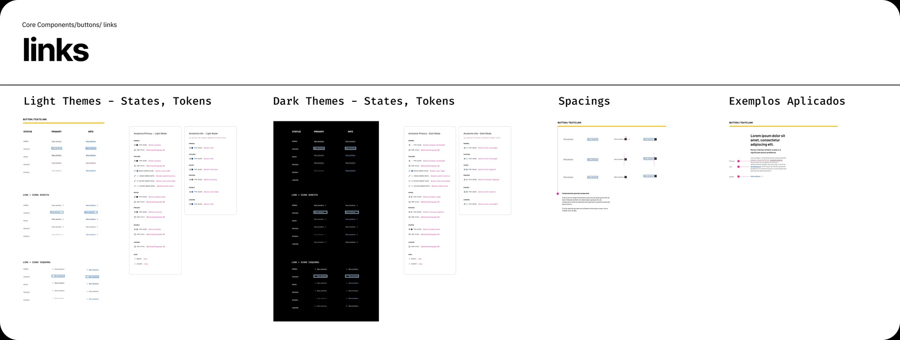 Links: variações em light theme, dark theme, spacings e exemplos aplicados