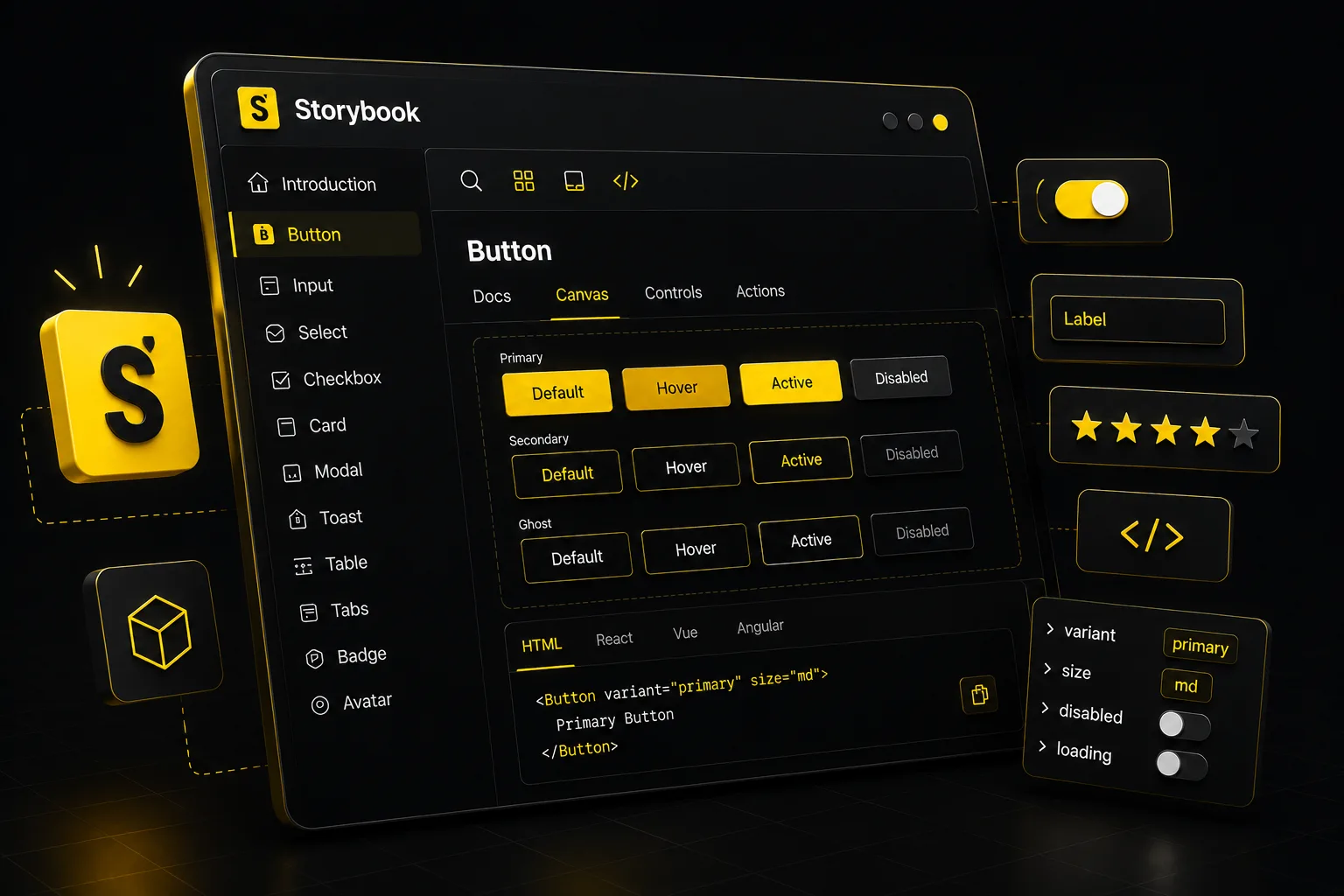 Mockup 3D do Storybook do Delta Design System mostrando o componente Button