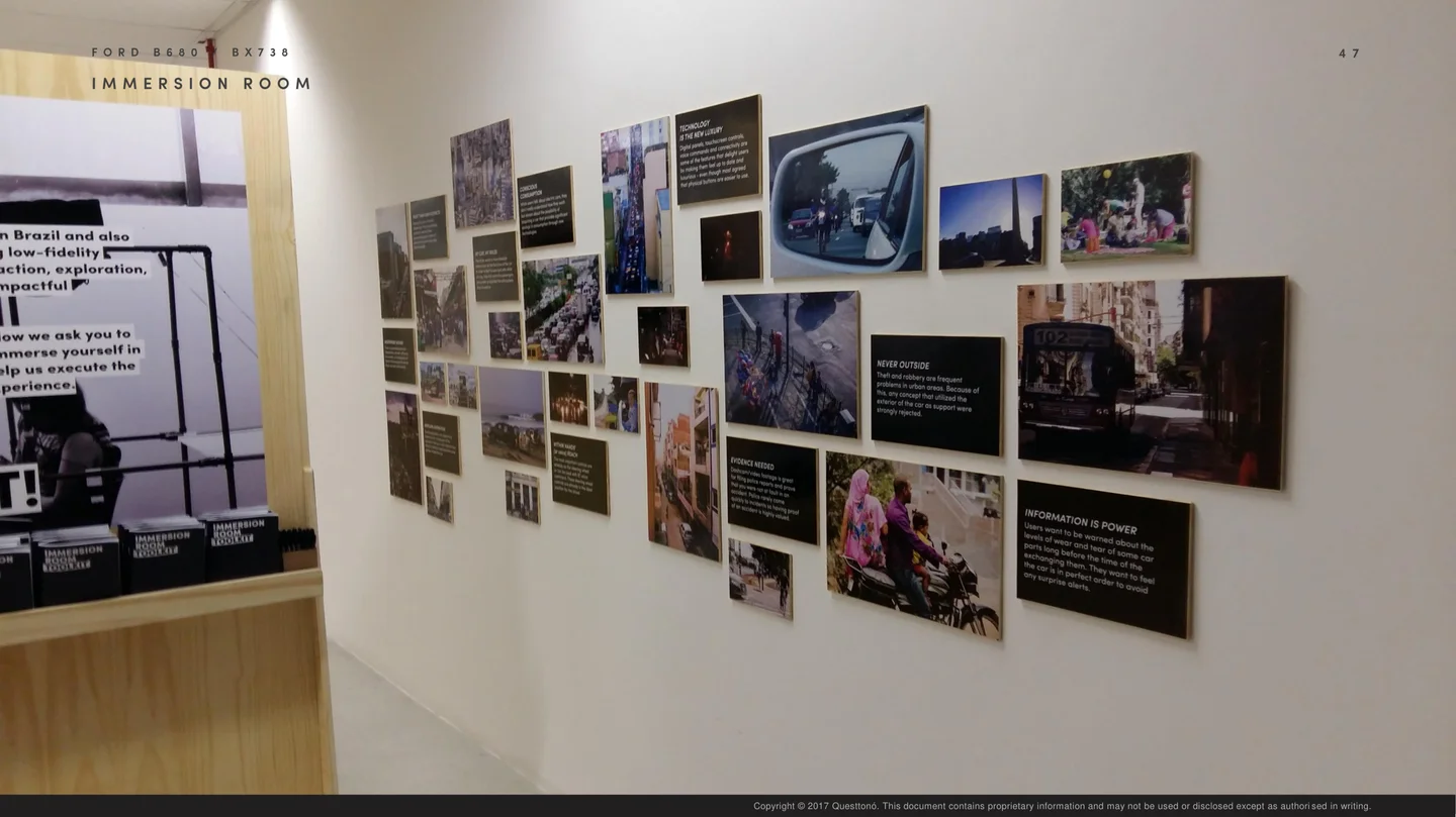 Parede de pesquisa com fotos e insights dos três países