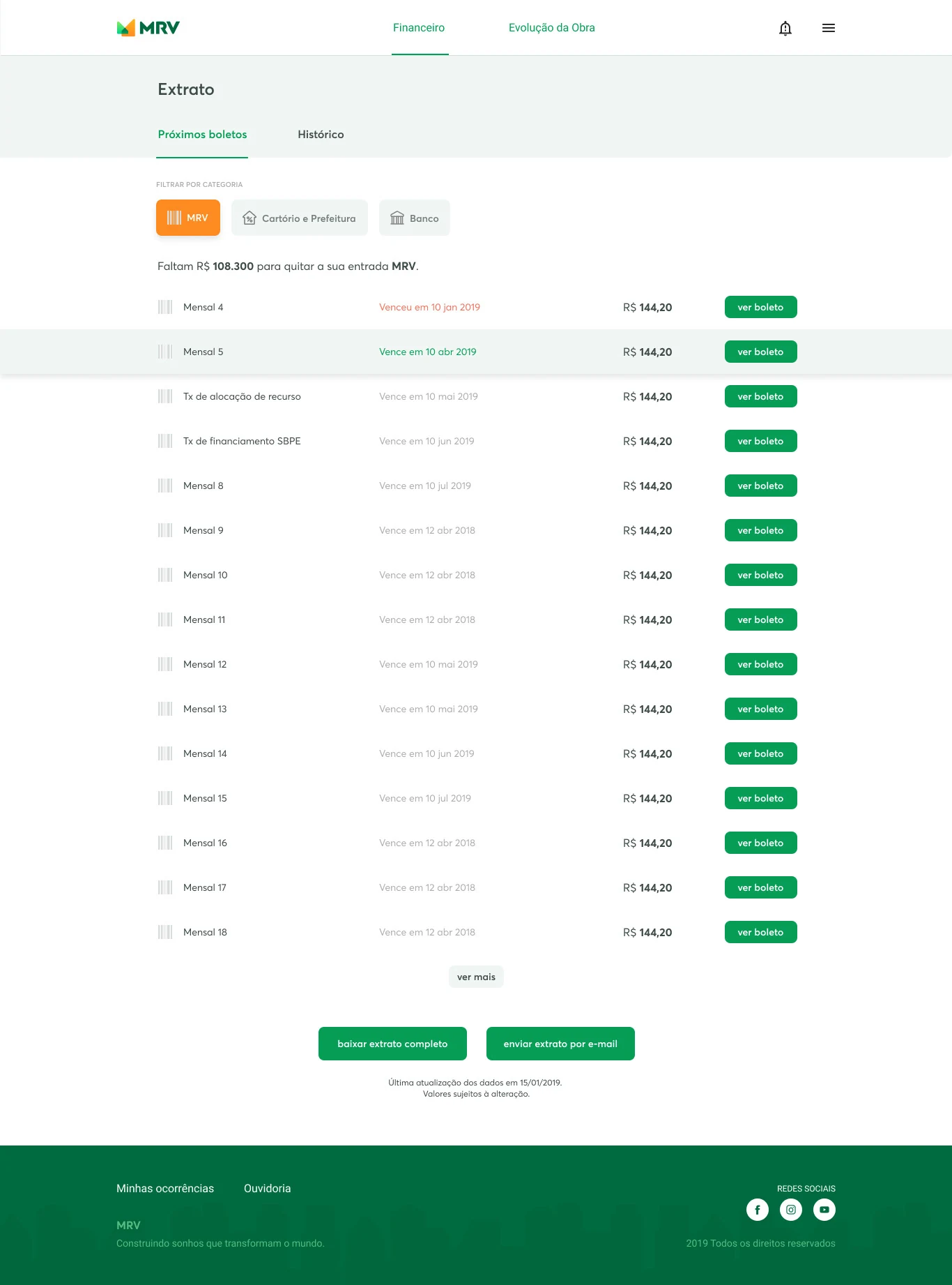 Extrato: boletos pendentes