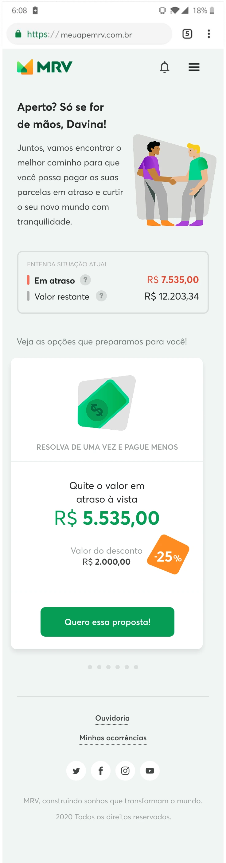 Tela de oferta de negociação com situação atual e proposta à vista com desconto.