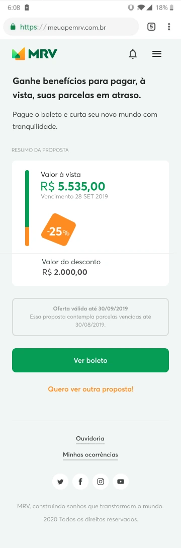Resumo da proposta com valor à vista, desconto e validade.