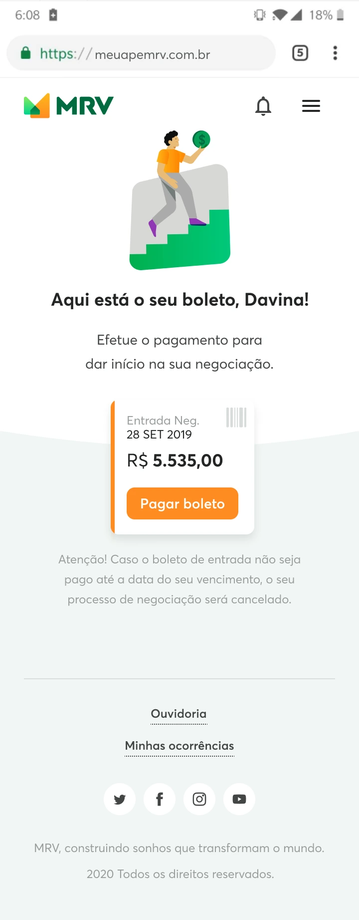 Tela de geração do boleto de entrada da negociação.