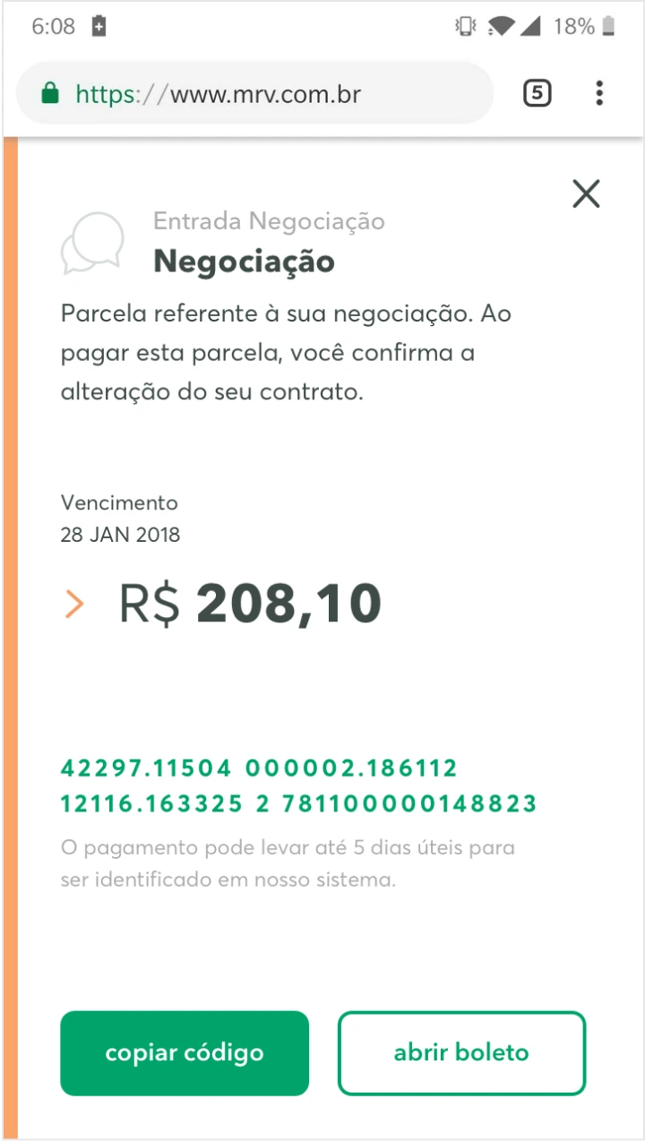 Detalhamento do pagamento com valor, código de barras e ações.